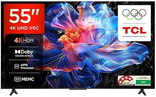 TCL 139 cm (55 inches) Metallic Bezel Less Series 4K Ultra HD Smart LED Google TV 55V6C (Black)